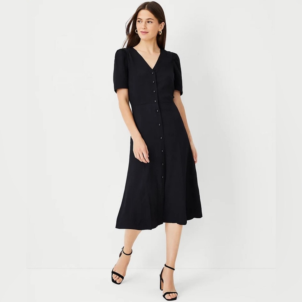 Ann Taylor Black Twill Button Front Midi Dress Size Medium Petite - Picture 6 of 11